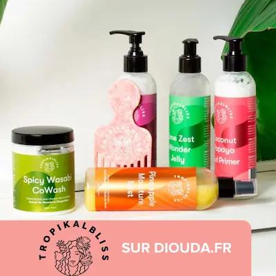 tropikalbliss, ce sont des produits naturels vegan pour cheveux bouclés, frisés, crépus.  Des soins colorés et exotiques aux senteurs gourmandes et textures savoureuses.