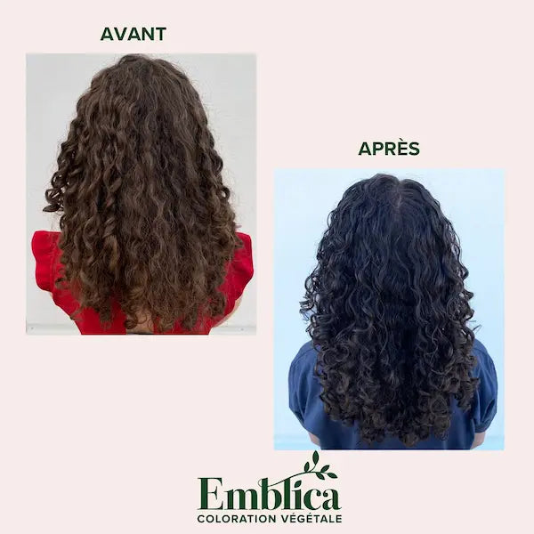 Emblica Coloration végétale cheveux bouclés Noir profond Avant Après