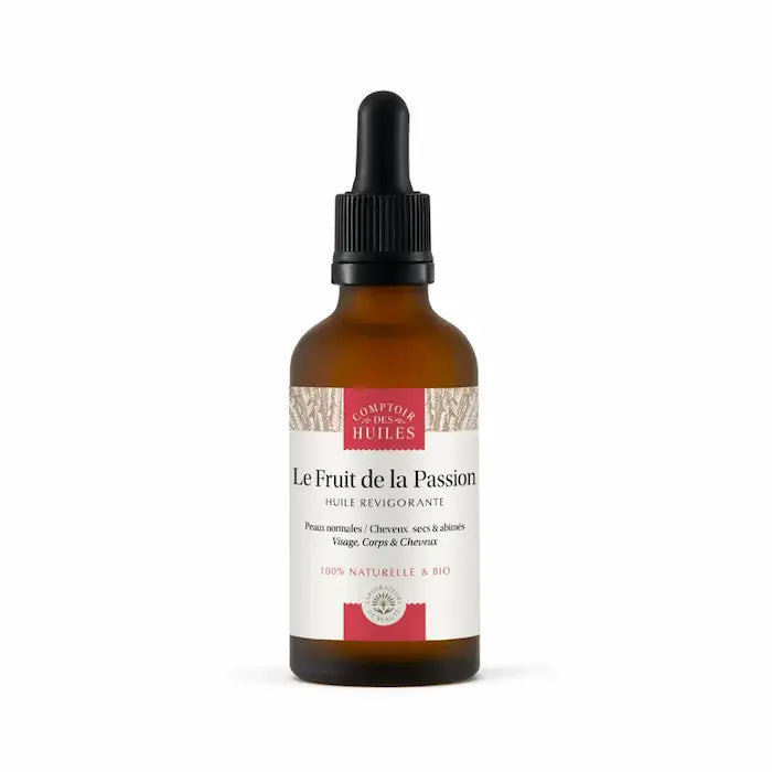 L'huile de Fruit de la Passion, huile sèche à la texture légère et fluide et au parfum fruité pénètre facilement sans fini gras. 