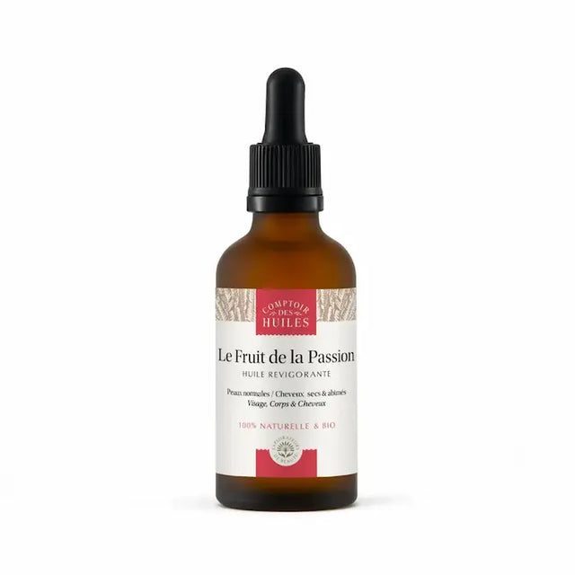 L'huile de Fruit de la Passion, huile sèche à la texture légère et fluide et au parfum fruité pénètre facilement sans fini gras. 