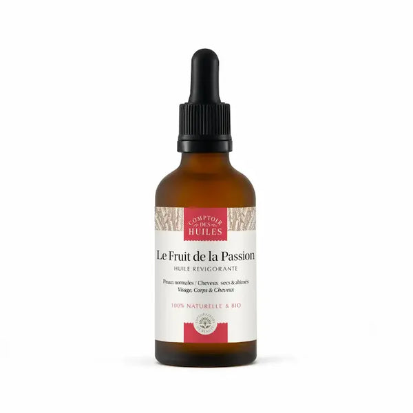 L'huile de Fruit de la Passion, huile sèche à la texture légère et fluide et au parfum fruité pénètre facilement sans fini gras. 