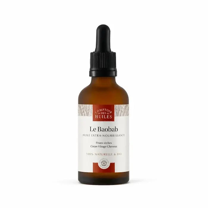 L’huile de Baobab Bio pour nourrir en profondeur la peau sèche et les cheveux secs. Flacon 50ML