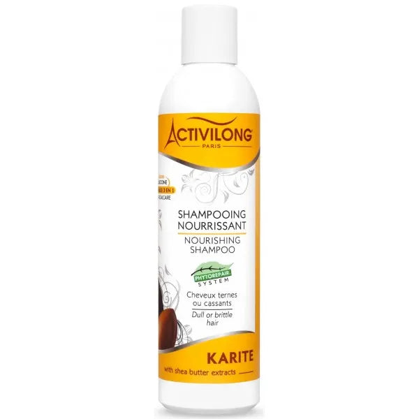 Shampooing nourrissant au Karité d'Activilong nettoie en douceur les cheveux ternes et cassants.