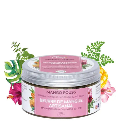 Mango Pouss Beurre de Mangue Artisanale Pot 100g Corps Cheveux à l'Hibiscus et Moringa