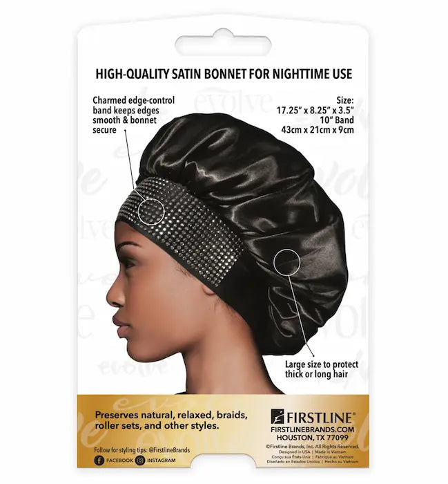 Evolve Luxe - Grand Bonnet satin noir avec strass