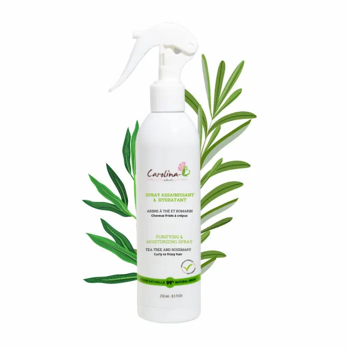 Carolina B SPRAY HYDRATANT ET ASSAINISSANT 250 ML. Formulé avec de l’aloe vera, des huiles végétales de jojoba et avocat et des huiles essentielles d’arbre à thé et romarin.