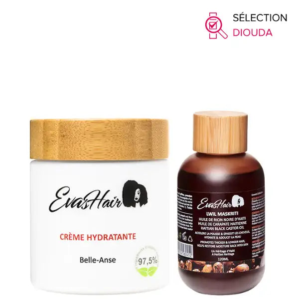 Evashair - Duo Hydratation à base d'huile de Ricin Noire d'Haïti Cheveux Crépus, Bouclés, Frisés