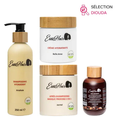 Evashair Gamme complète avec Huile de Ricin Haïtienne lwil Maskriti, le shampoing, la crème hydratante et le masque profond pour cheveux Crépus, bouclés frisés