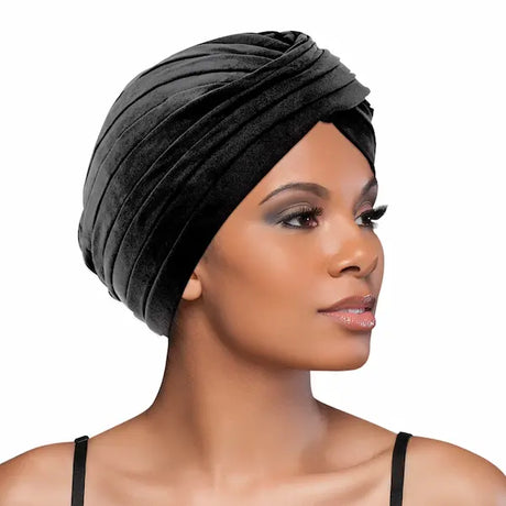 Turban noir en satin contre la casse des cheveux bouclés, frisés, crépus