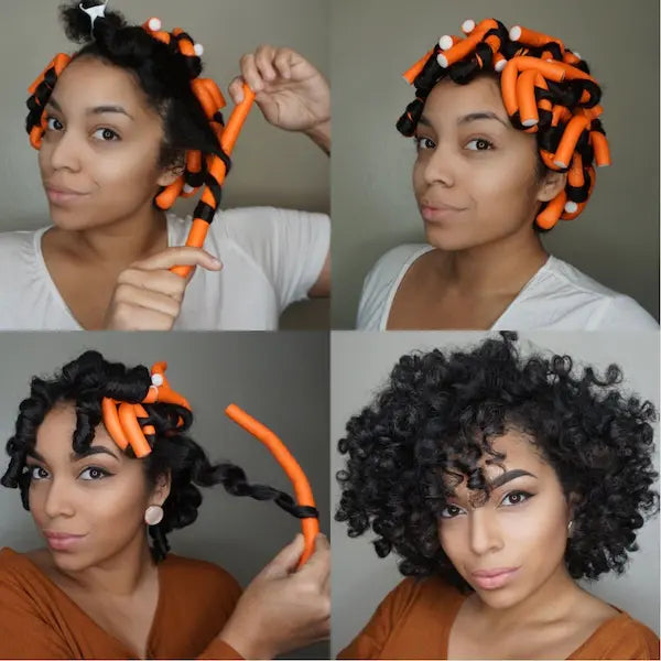 Pose de flexirods pour définir les boucles sur cheveux afro, crépus. Bigoudis sans chaleur.