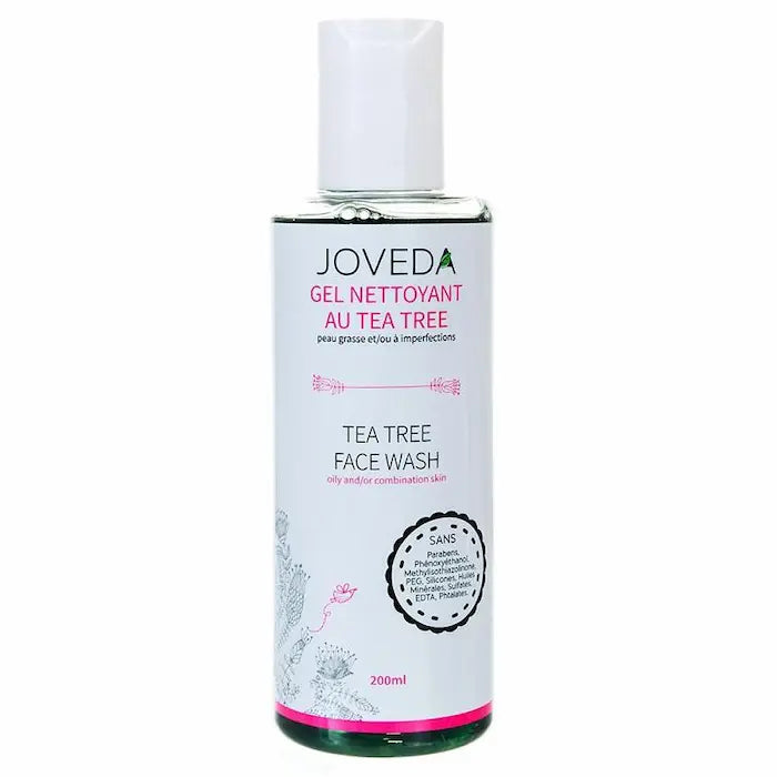 Gel Nettoyant au Tea Tree Joveda : soin purifiant naturel pour peaux à imperfections et/ou grasses sans bases lavantes irritantes. Flacon 200ML