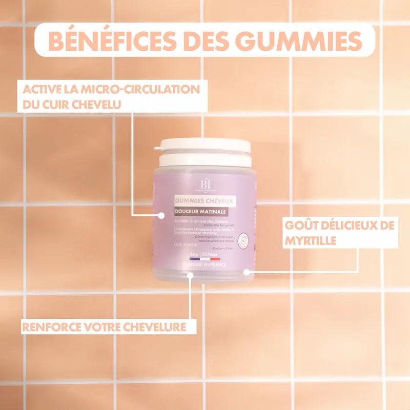 Gummies Pousse Cheveux pour plus de volume, limiter la casse des longueurs et renforcer les racines pour lutter contre la chute. Cure de 1 mois