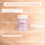 Gummies Pousse Cheveux pour plus de volume, limiter la casse des longueurs et renforcer les racines pour lutter contre la chute. Cure de 1 mois