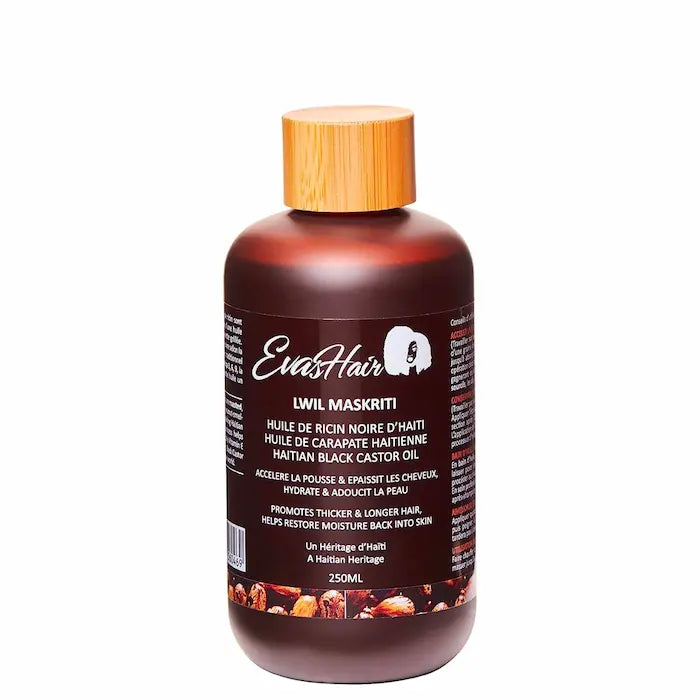 Evashair Huile de Ricin noire d'Haïti / Carapate / Black castor oil - 250ML pour les cheveux, la peau, les cils et sourcils ou, la barbe.