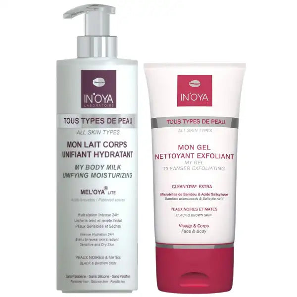 Promo INOYA DUO Corps Lait hydratant unifiant et Gel Exfoliant Peau pigmentée