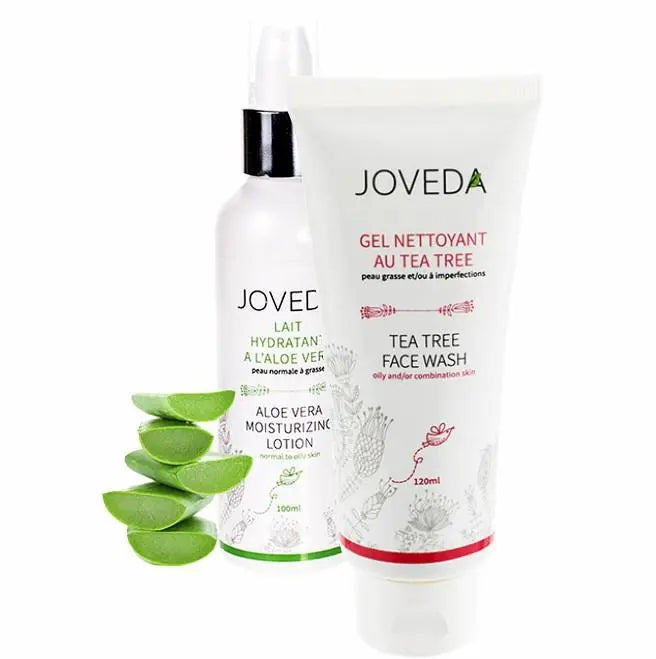 Duo Soins Purifiants Visage Anti-Acné Ayurvédique - Joveda Gel nettoyant au Tea Tree et Lait Hydratant Aloe Vera - Peaux Mixtes, Grasses et Sensibles