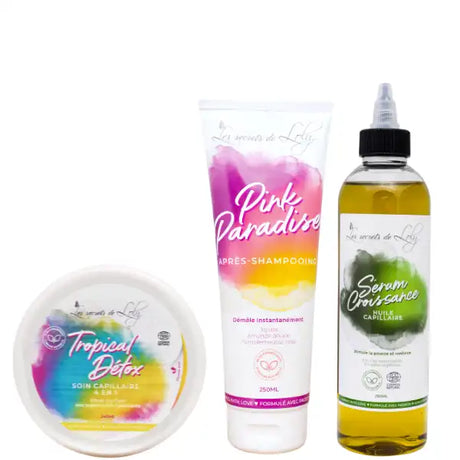 Trio détox capillaire Les Secrets de Loly pour les cheveux bouclés à crépus. Composé de Tropical Détox, Après-Shampoing Pink Paradise et Huile Capillaire Sérum Croissance.