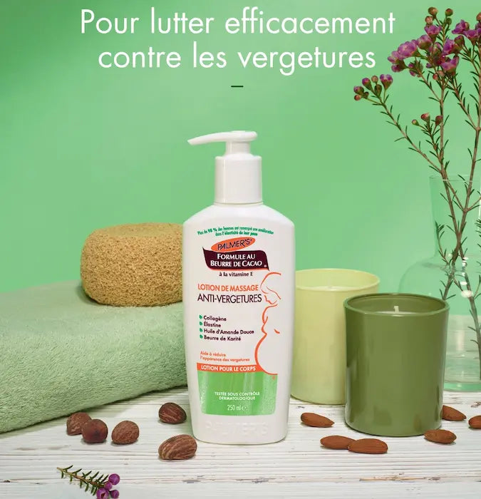 Lait de massage pour le corps au beurre de cacao Palmer's aide à visiblement améliorer l’élasticité de la peau et réduire l'apparence des vergetures.