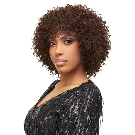 perruque avec frange kinky curly châtain Vanessa Hair Halle