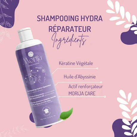 Le Shampoing MORIJA contient de l’huile d’Abyssinie, de la kératine végétale et un actif renforçateur capillaire pour hydrater et démêler facilement les cheveux secs et fragilisés.