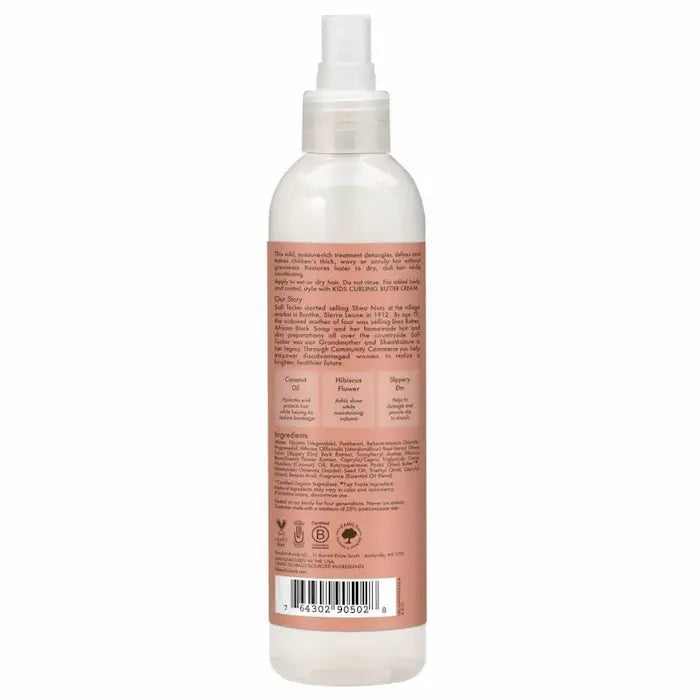 Le spray démêlant Coconut & Hibiscus "Kids" de Moisture est enrichi en ingrédients 100% naturels et organiques : Huile de coco, fleur d'hibiscus et extrait d'orme. 237ml