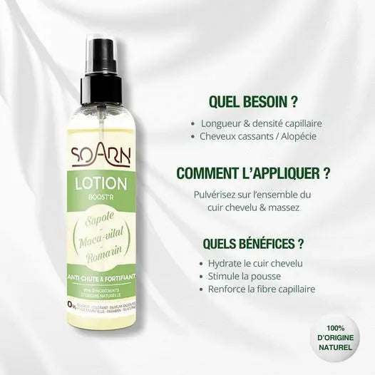 Soarn lotion Boost’r pour réactiver la pousse de vos cheveux tout en apportant une touche de fraicheur.