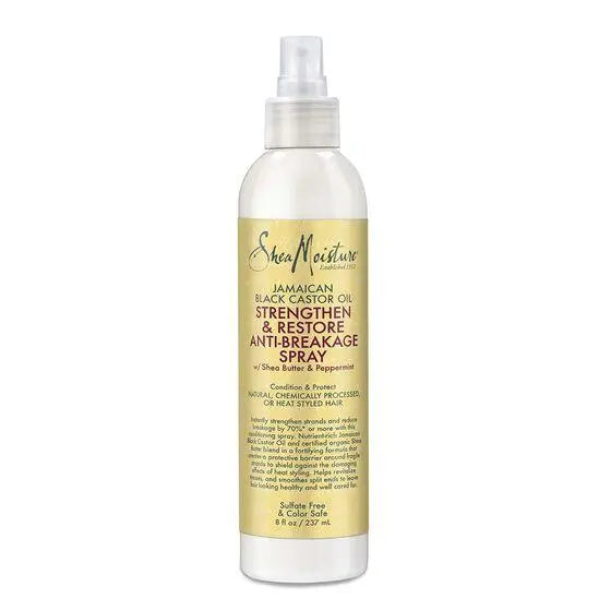 le soin anti-casse Spray Anti-Breakage de Shea Moisture Jamaican Black Castor Oil Strengthen & Restore protège de la chaleur, fortifie, démêle, et facilite le coiffage.