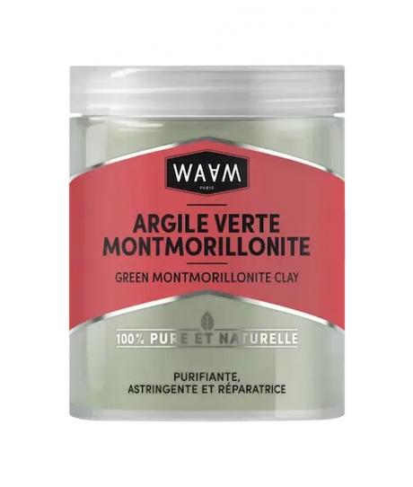 Waam Argile Verte Montmorillonite. Elle absorbe l'excès de sébum de la peau et des cheveux, lutte contre le vieillissement prématuré de la peau.