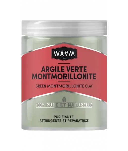 Waam Argile Verte Montmorillonite. Elle absorbe l'excès de sébum de la peau et des cheveux, lutte contre le vieillissement prématuré de la peau.