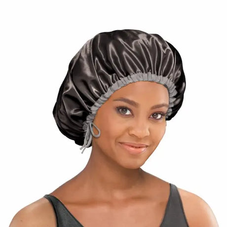 bonnet de nuit en satin noir ajustable avec lacet