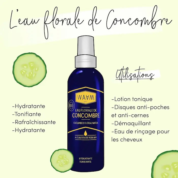 Eau florale de Concombre, rafraîchissante et hydratante pour peaux mixtes à grasses, peaux sensibles, irritées et déshydratées, teint terne, cheveux secs.