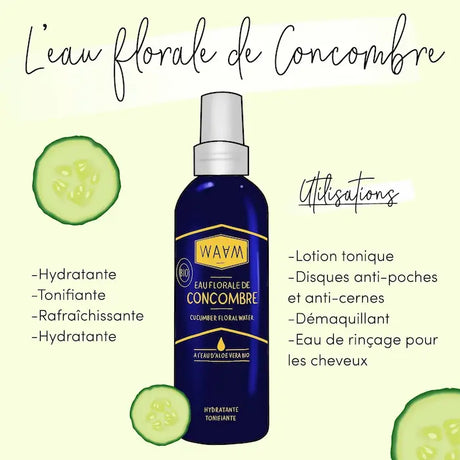 Eau florale de Concombre, rafraîchissante et hydratante pour peaux mixtes à grasses, peaux sensibles, irritées et déshydratées, teint terne, cheveux secs.