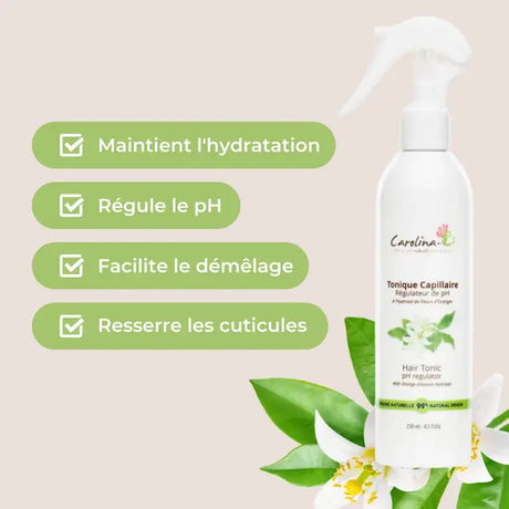 le tonique capillaire régule le pH des cheveux et lisse les cuticules.