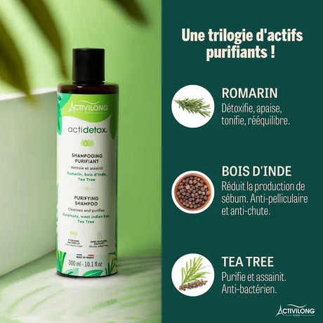 Le shampooing purifiant Actidetox est enrichi en Romarin, Bois d’inde et Tea Tree. Il débarrasse votre cuir chevelu des impuretés en douceur pour un cuir chevelu sain et sans inconfort.