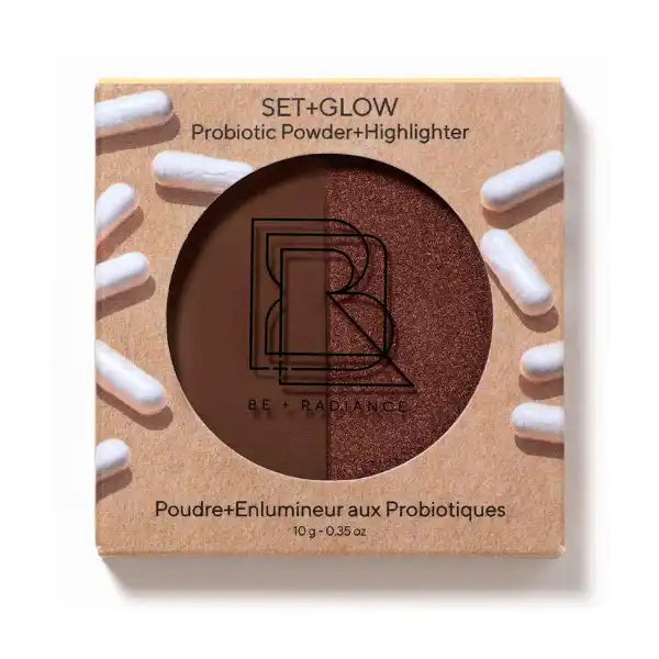 set+glow duo poudre matifiante et enlumineur aux probiotiques be radiance