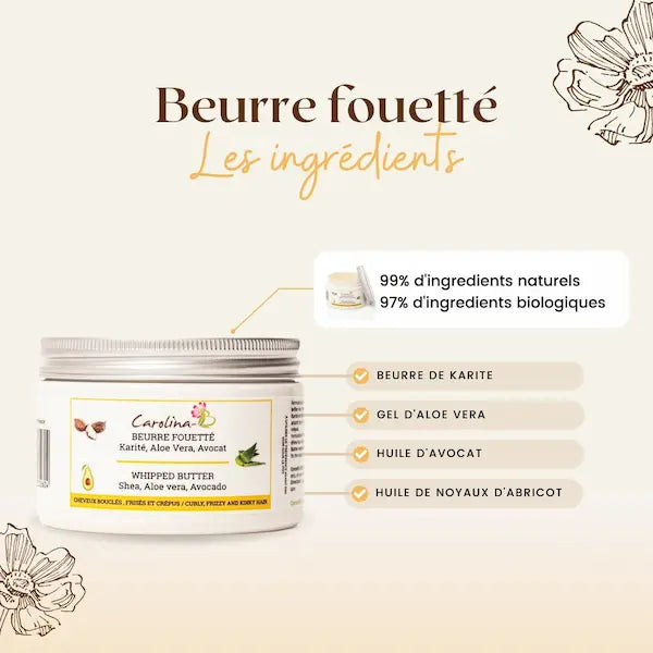 Le beurre fouetté carolina-b est un baume onctueux doux au toucher, riche pour vos cheveux, formulé avec de l'Aloe Vera, de l'Huile d'avocat et du Beurre de karité.