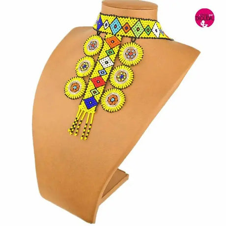 Collier Zoulou africain jaune en perles Zulu d'afrique du Sud