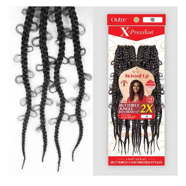 Rajouts 18 Mèches xpression Crochet BOX BRAIDS BUTTERFLY JUNGLE 12 pouces en noir teinte 1B - Outré