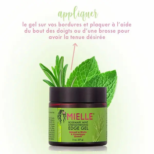 Gel lisseur de bordure Rosemary Mint de Mielle avec de la biotine, noix de coco et huile de babassu. Il fortifie les tempes, sent bon, apporte de la tenue et plaque bien les baby hairs. Parfait pour finaliser vos coiffures chignons, queue de cheval...