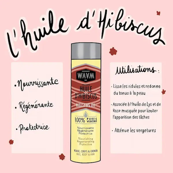 les vertus de l'huile d'hibiscus : à la fois régénérante et nourrissante pour la peau. Elle favorise le démêlage des cheveux et apporte de la brillance.