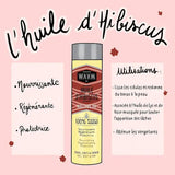 les vertus de l'huile d'hibiscus : à la fois régénérante et nourrissante pour la peau. Elle favorise le démêlage des cheveux et apporte de la brillance.