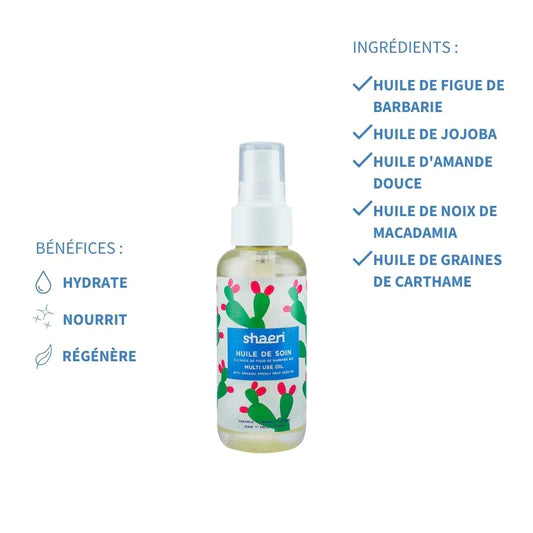 Composée de 5 huiles végétales complémentaires,l'Huile de Soin multi-usages Shaeri hydrate et régénère tous les cheveux, le corps et le visage. Composition: Huile de figue de Barbarie, de Jojoba, d’amande douce, de noix de Macadamia et de graines de Carthame. 