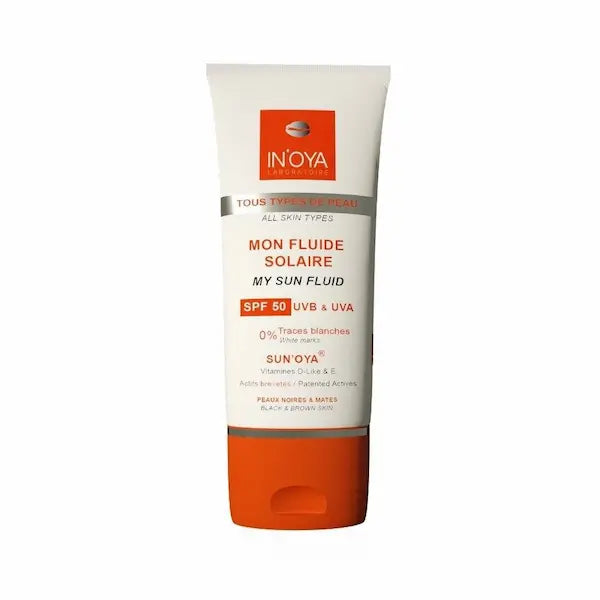 Crème solaire SPF 50 Laboratoire In'Oya. Idéale pour les peaux pigmentées. Haute protection solaire UVA/UVB. Sans traces blanches.