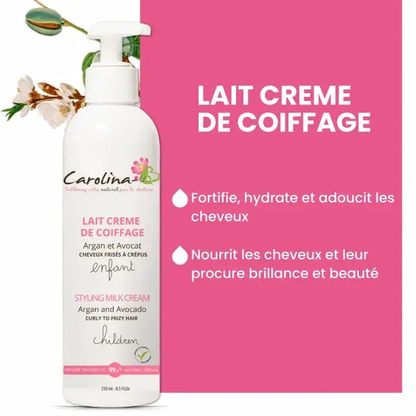 LAIT CREME DE COIFFAGE 250 ml Carolina B. Fortifie, hydrate et adoucit les cheveux de vos enfants pour un démêlage plus facile. Nourrit, apporte la brillance aux cheveux et redéfinit les boucles.