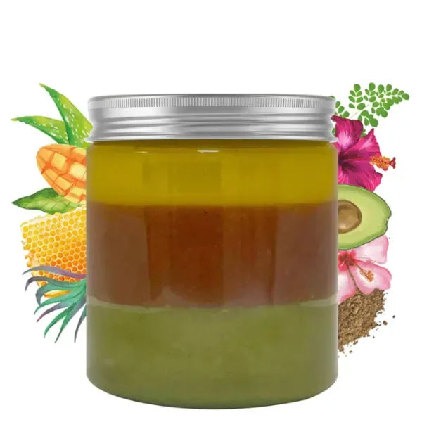 TRIO MANGO spécial croissance de la marque MANGO BUTTERFULL est idéalement conçu avec 3 beurres capillaires Beurre mango Nourish ; Mango Pouss et au Beurre Mango High Pot 250ML