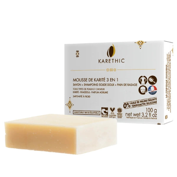 Karethic Mousse de Karité 3 en 1 Savon-Shampoing Solide Doux et Pain de Rasage de Karité