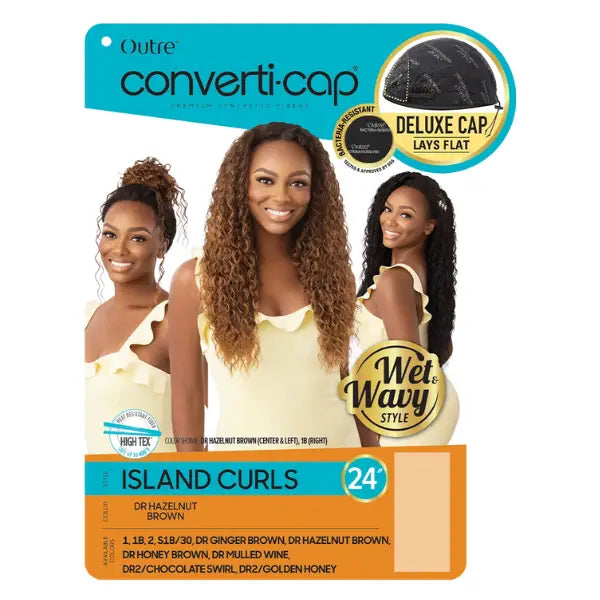 Perruque converti cap longue et curly bouclée en cheveux synthétiques couleur dr Hazelnut Island Curls Outre Hair