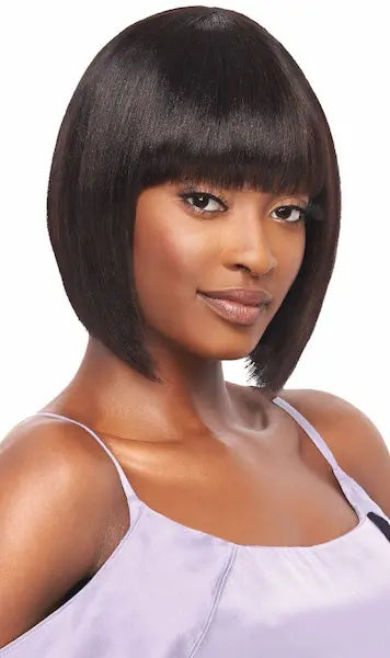 Perruque noire lisse cheveux naturels modèle Straight Bob longueur 10 pouces collection Outré Mytresses Purple Label en Natural Brown