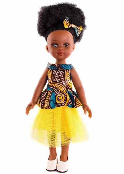 Poupée noire aux cheveux afro crépus. Bontle mesure 32cm. Robe Wax et Organza Jaune.