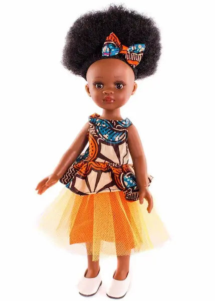 Poupée noire aux cheveux afro crépus. Bontle mesure 32cm. Robe Wax et Organza Orange.